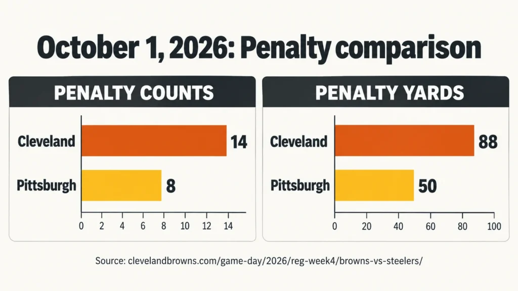 October 1, 2026 penalties: Cleveland, 14 for 88 yards; Pittsburgh, 8 for 50 yards.